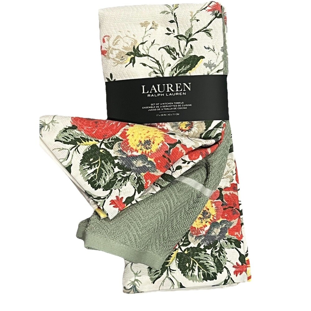 Ralph Lauren Kitchen Towels 3 PC Set Cotton Pink Floral & Solid Green Festive